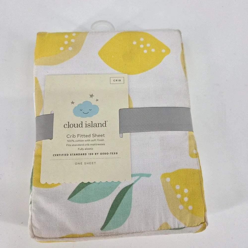 Cloud Island Lemon Print Crib Fitted Sheet 100% Cotton Yellow White 28x52 NWT